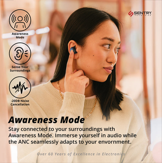 SENTRY OSE Dot Bluetooth Wireless Earbuds, Active Noise Canceling, -20 dB Sound Reduction, Charging Case, Up to 18 Hours Playtime, Button Audio Controls, Built-in Microphone, USB C Cable, Black