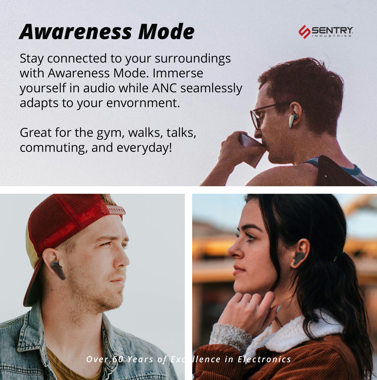 SENTRY OSE Wireless Stem Earbuds, Active Noise Canceling, -20 dB of Sound Reduction, Portable Charging Case, 10 Hours Playtime, Touch Controls, Built in Microphone, with USB C Charging Cable (Black)