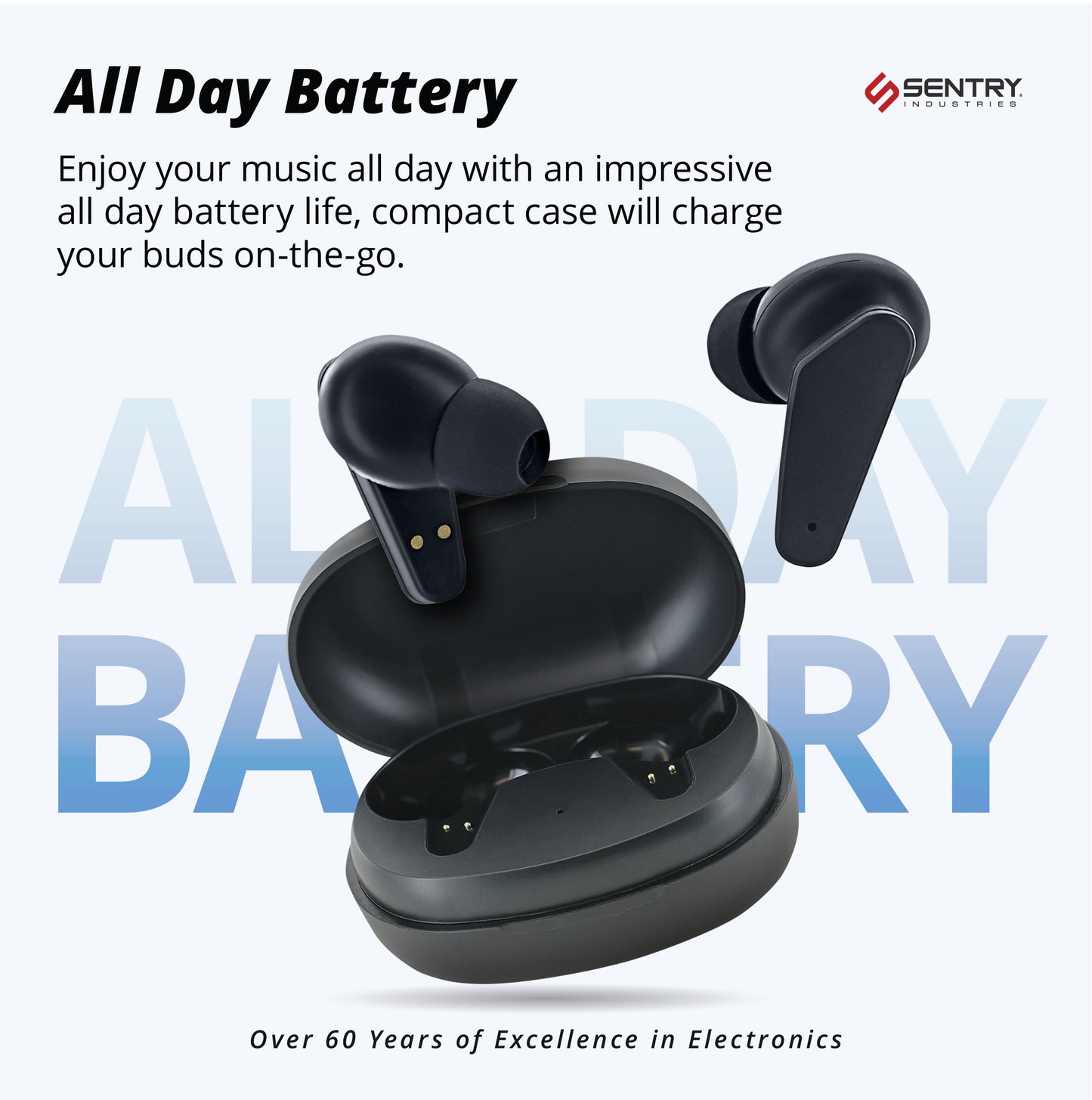 SENTRY OSE Wireless Stem Earbuds, Active Noise Canceling, -20 dB of Sound Reduction, Portable Charging Case, 10 Hours Playtime, Touch Controls, Built in Microphone, with USB C Charging Cable (Black)