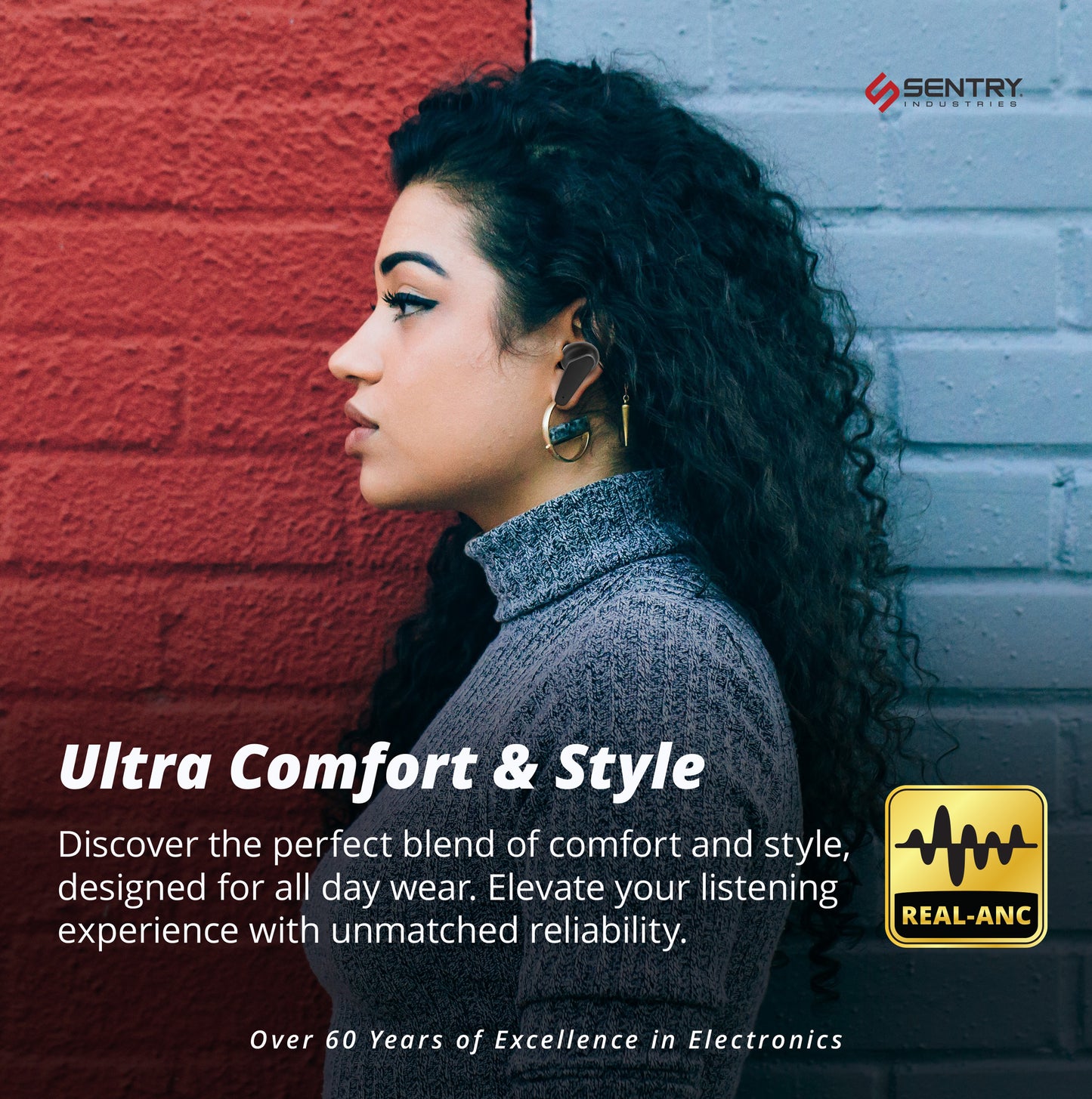 SENTRY OSE Wireless Stem Earbuds, Active Noise Canceling, -20 dB of Sound Reduction, Portable Charging Case, 10 Hours Playtime, Touch Controls, Built in Microphone, with USB C Charging Cable (Black)