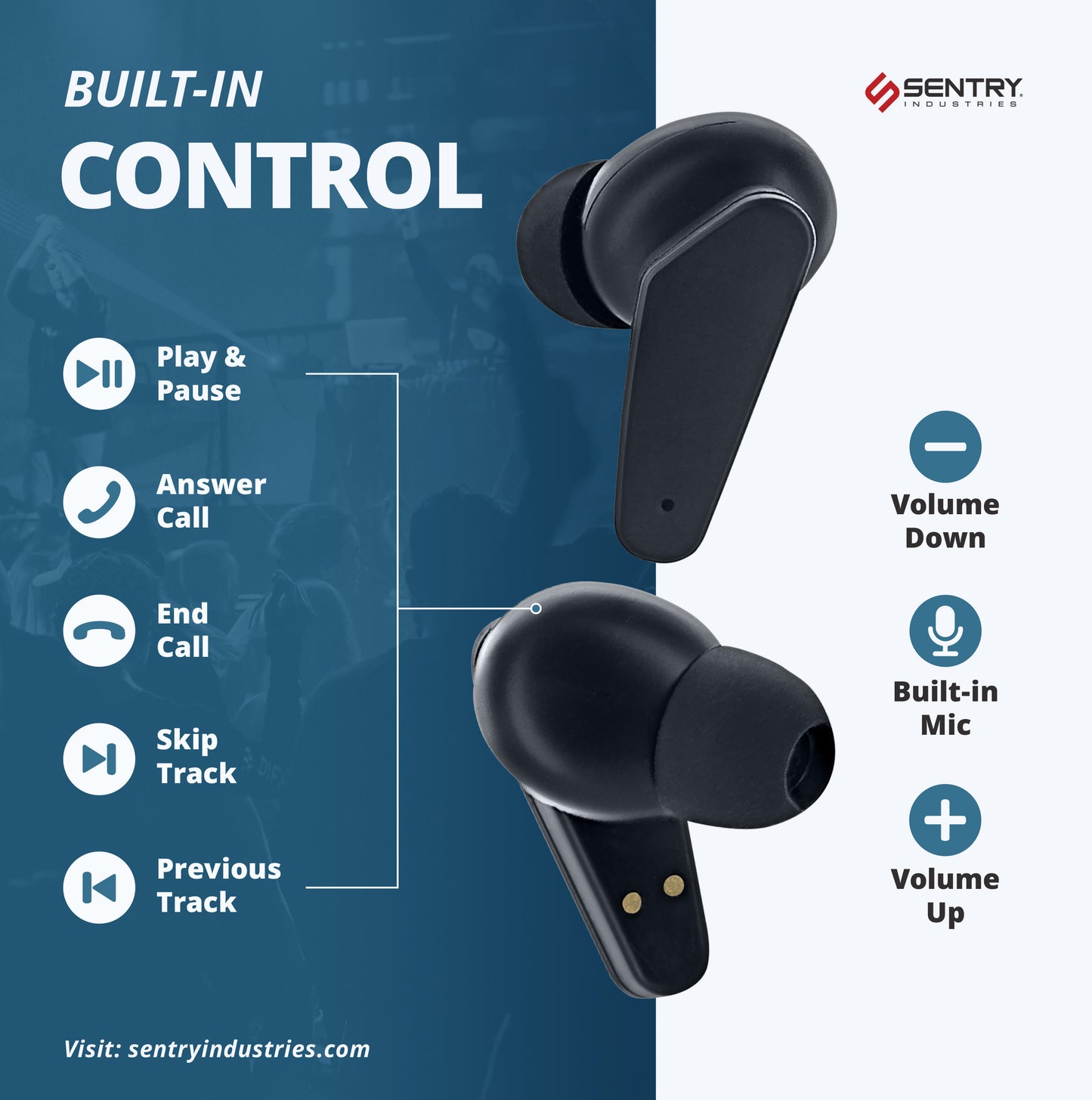 SENTRY OSE Wireless Stem Earbuds, Active Noise Canceling, -20 dB of Sound Reduction, Portable Charging Case, 10 Hours Playtime, Touch Controls, Built in Microphone, with USB C Charging Cable (Black)