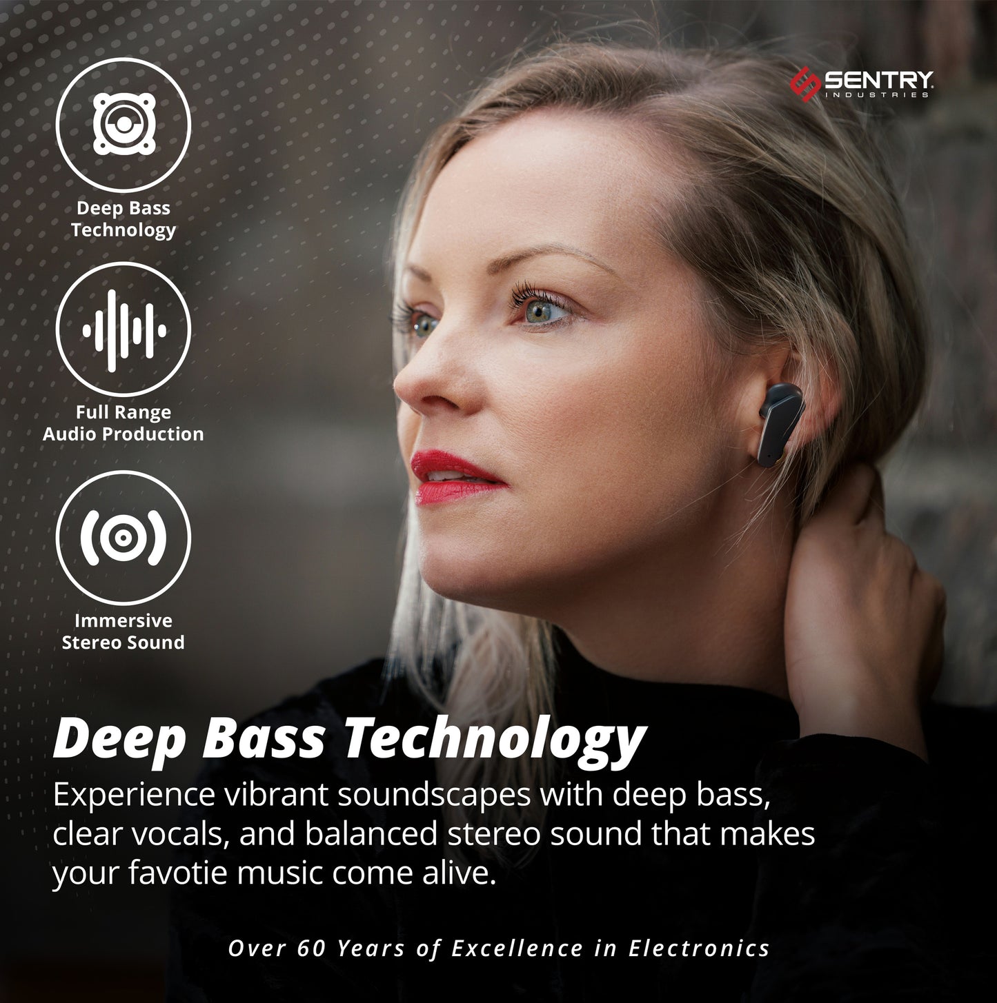 SENTRY OSE Wireless Stem Earbuds, Active Noise Canceling, -20 dB of Sound Reduction, Portable Charging Case, 10 Hours Playtime, Touch Controls, Built in Microphone, with USB C Charging Cable (Black)