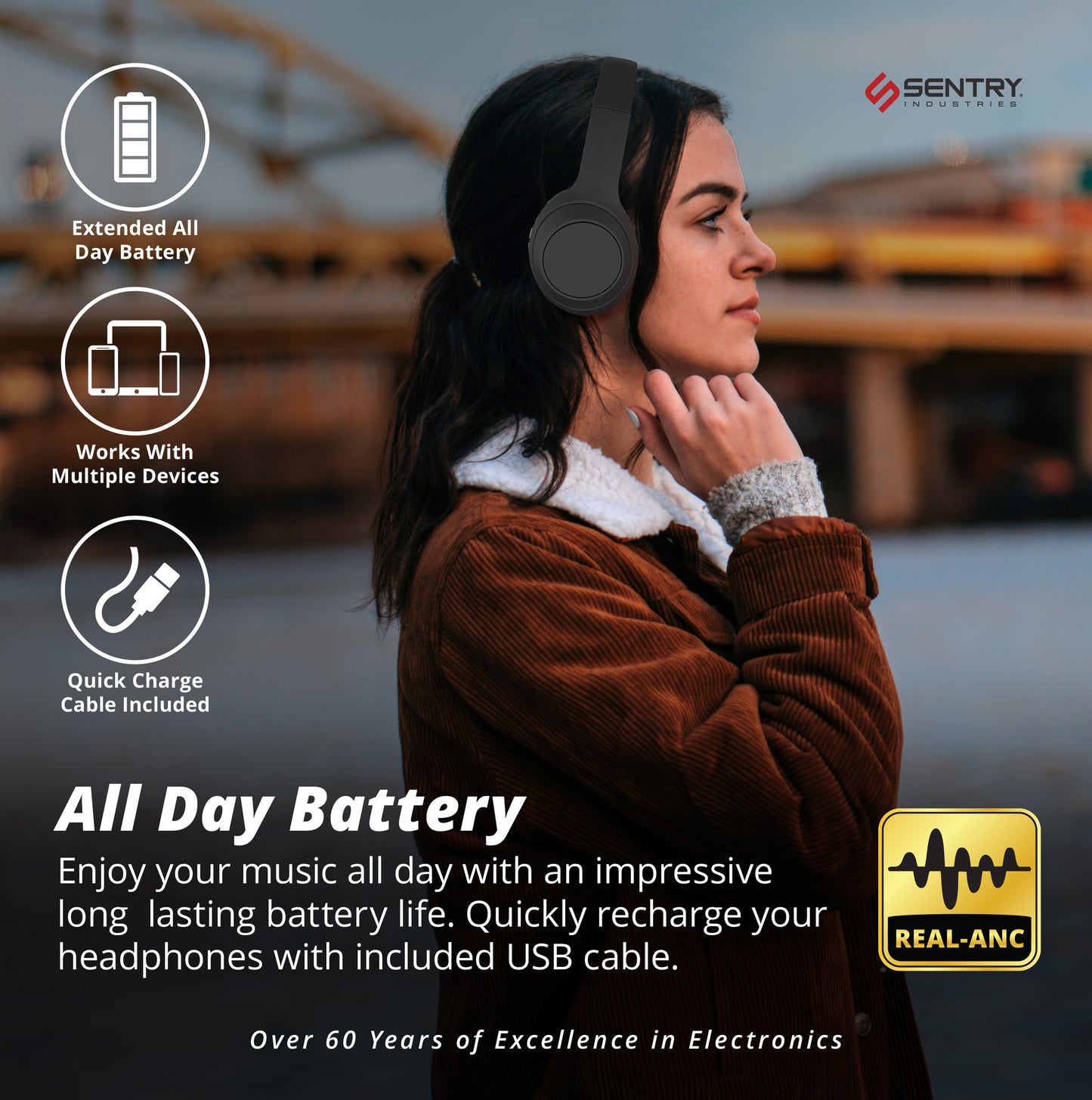 SENTRY OSH Over Ear Bluetooth Wireless Headphones, Active Noise Canceling -20dB Reduction, 22 Hour Battery Life, Control Buttons, Built in Microphone, USB C Charging and Carrying Case Included