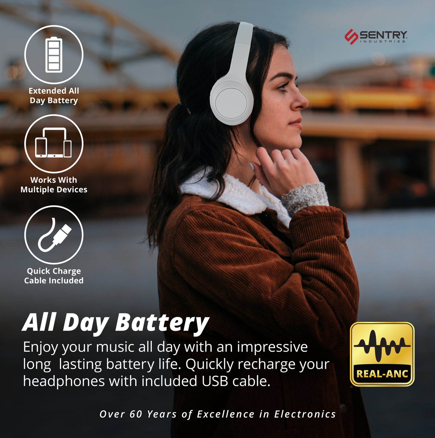 SENTRY OSH Over Ear Bluetooth Wireless Headphones, Active Noise Canceling -20dB Reduction, 22 Hour Battery Life, Control Buttons, Built in Microphone, USB C Charging and Carrying Case Included (White)