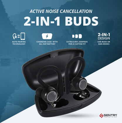 SENTRY OSE Sport Hook Bluetooth Wireless Earbuds, 2-in-1 Detachable Hook, Active Noise Canceling, 12 Hours Playtime, Charging Case, Button Controls, Built-in Mic, USB-C Cable, Black