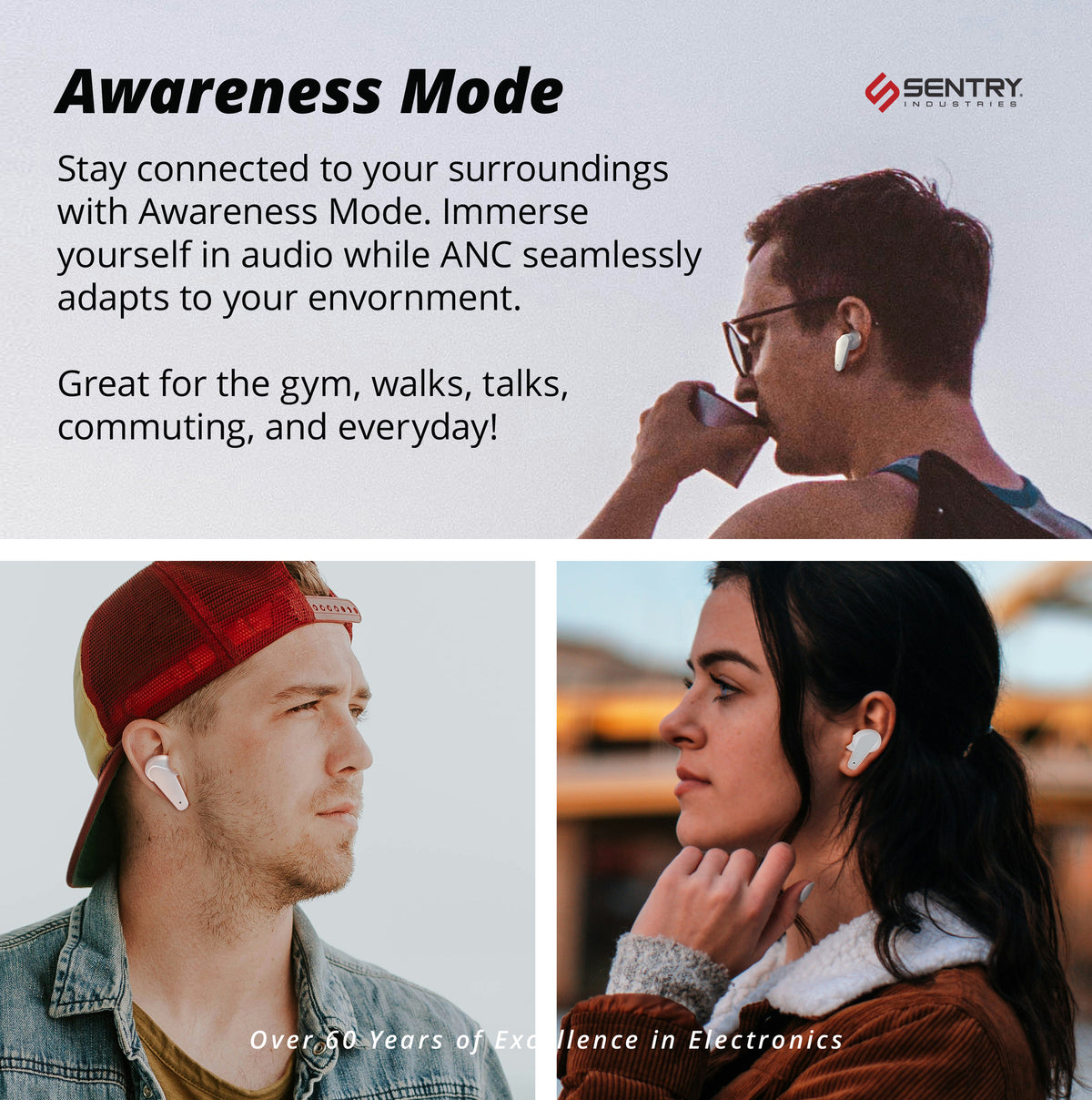 Sentry Evolve SENTRY OSE Wireless Stem Earbuds, Active Noise Canceling, -20 dB of So ...
