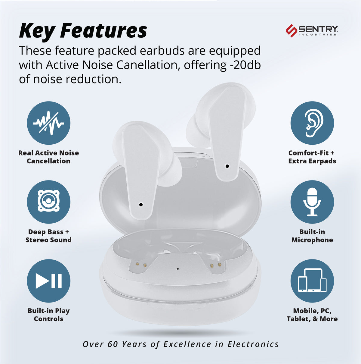 Sentry Evolve SENTRY OSE Wireless Stem Earbuds, Active Noise Canceling, -20 dB of So ...