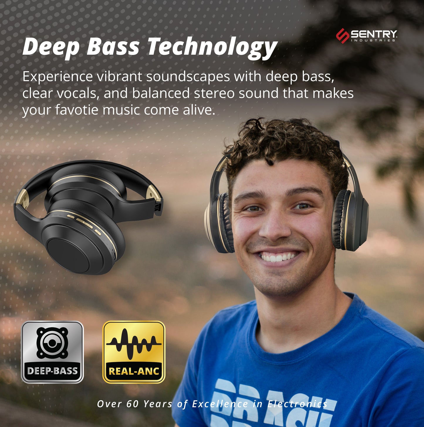SENTRY OSH Over Ear Bluetooth Wireless Headphones, Active Noise Canceling -20dB Reduction, 22 Hour Battery Life, Control Buttons, Built in Microphone, USB C Charging and Carrying Case Included