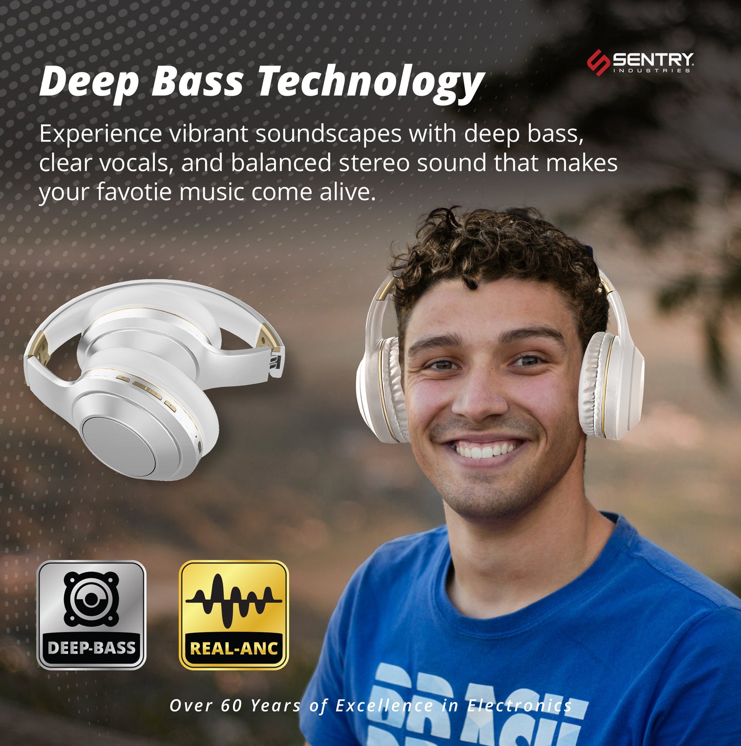SENTRY OSH Over Ear Bluetooth Wireless Headphones, Active Noise Canceling -20dB Reduction, 22 Hour Battery Life, Control Buttons, Built in Microphone, USB C Charging and Carrying Case Included (White)