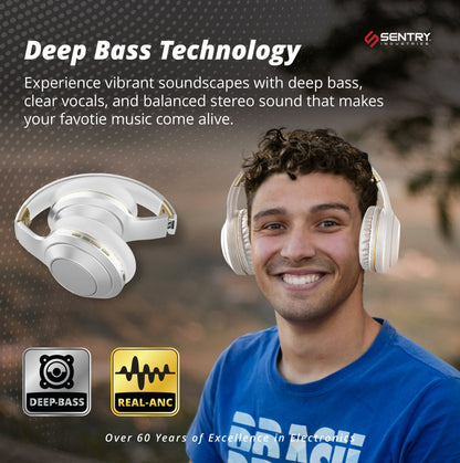 SENTRY OSH Over Ear Bluetooth Wireless Headphones, Active Noise Canceling -20dB Reduction, 22 Hour Battery Life, Control Buttons, Built in Microphone, USB C Charging and Carrying Case Included (White)