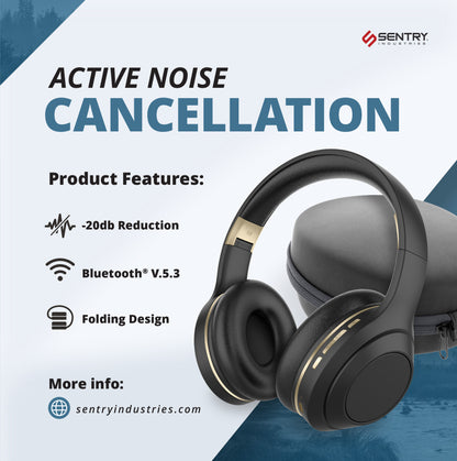 SENTRY OSH Over Ear Bluetooth Wireless Headphones, Active Noise Canceling -20dB Reduction, 22 Hour Battery Life, Control Buttons, Built in Microphone, USB C Charging and Carrying Case Included
