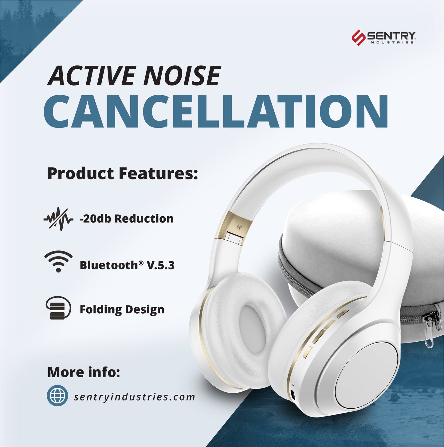 SENTRY OSH Over Ear Bluetooth Wireless Headphones, Active Noise Canceling -20dB Reduction, 22 Hour Battery Life, Control Buttons, Built in Microphone, USB C Charging and Carrying Case Included (White)