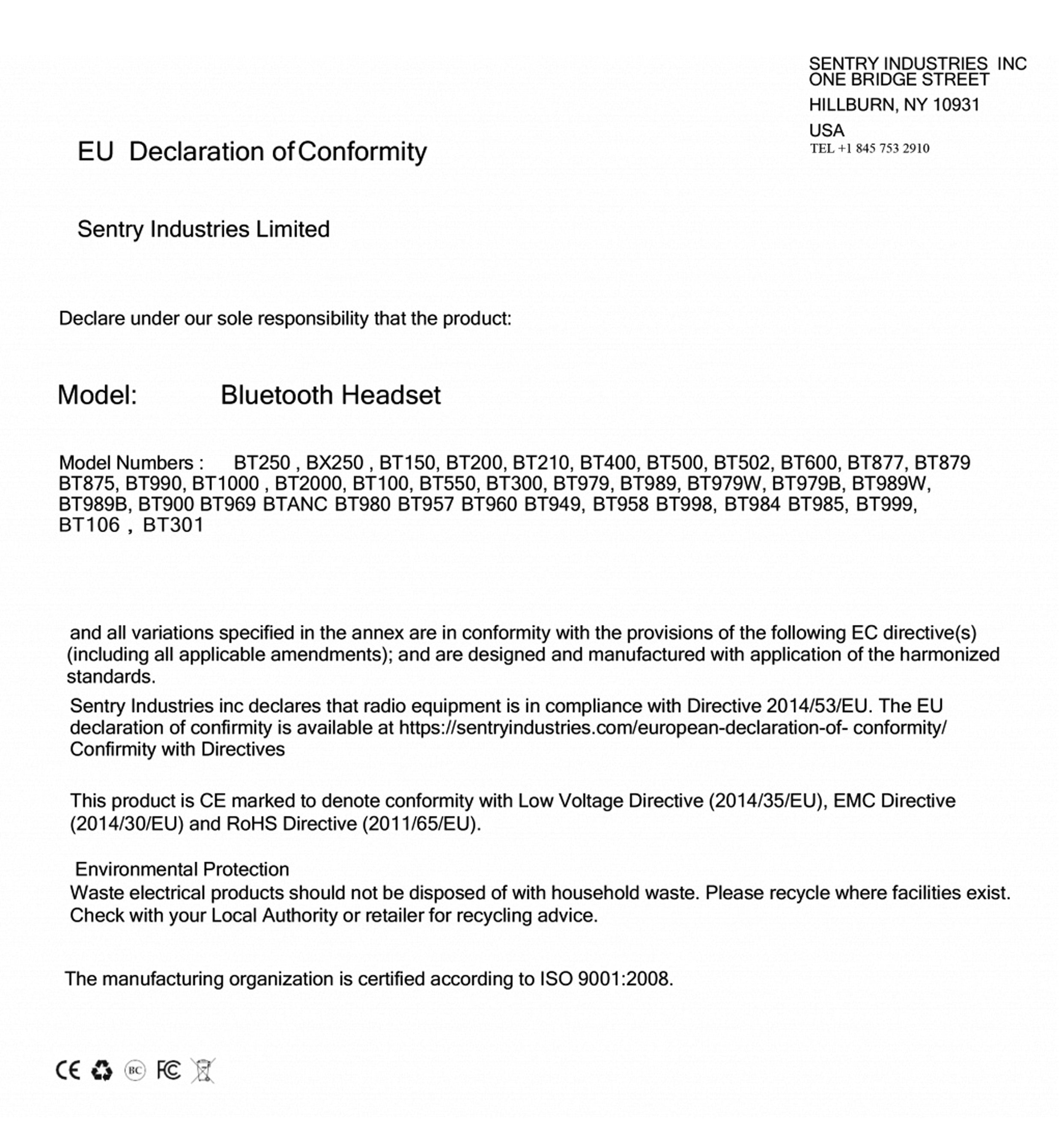 European Declaration of Conformity – Sentry Industries