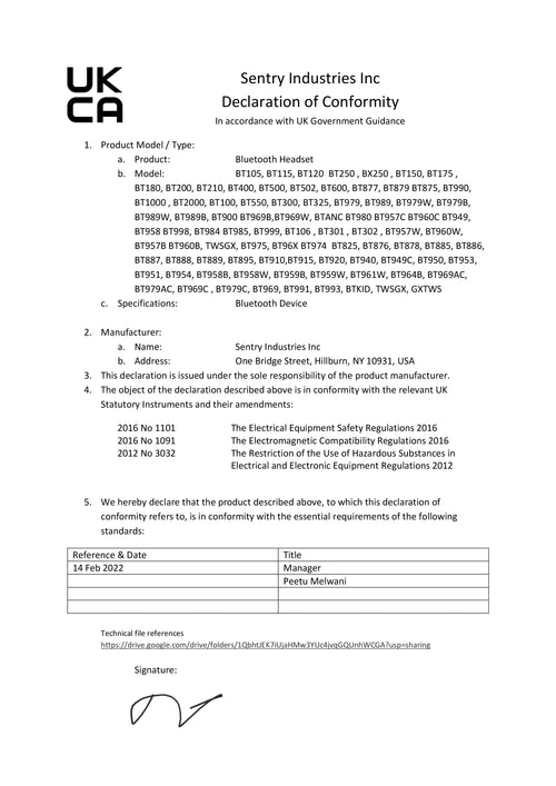 European Declaration of Conformity – Sentry Industries